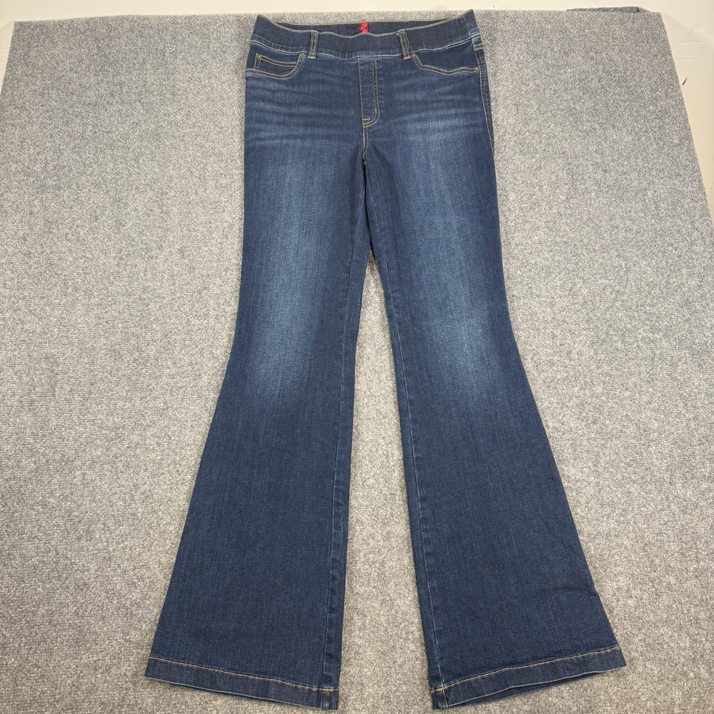 Spanx Jeans Womens Large (Fits 32x33.5) Blue Flare Pull On Dark Wash Stretch